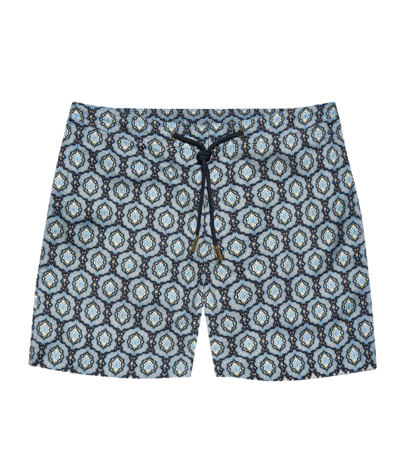 Orlebar Brown Bulldog Drawcord Boardshort in Night Iris featuring an exclusive print, adjustable rope-effect drawcord and signature mid-length fit - Product Shot