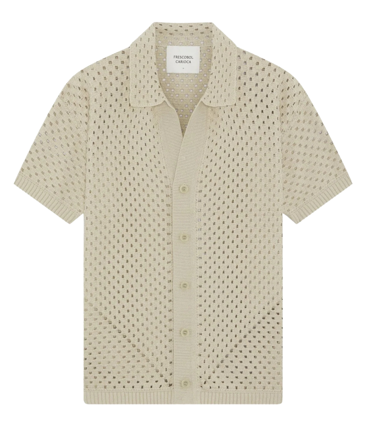 Frescobol Carioca Pinto Cotton Crochet Cardigan in Sand featuring an open crochet knit, open collar and button-front fastening - Product Shot