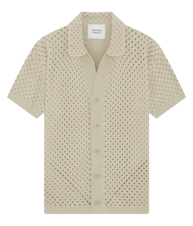 Frescobol Carioca Pinto Cotton Crochet Cardigan in Sand featuring an open crochet knit, open collar and button-front fastening - Product Shot