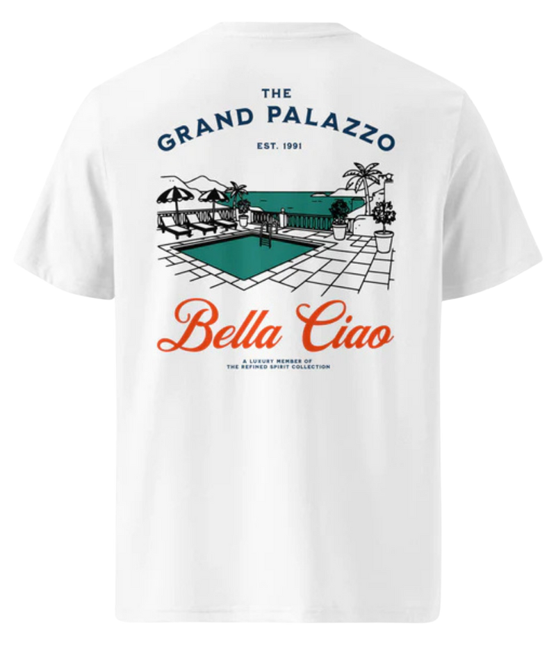 The Refined Spirit Grand Palazzo Tee in White flat lay back view