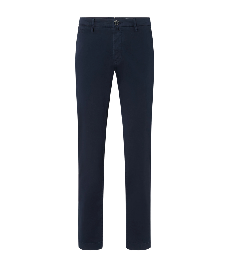 Jacob Cohen Pantalone Slim Fit Bobby in Navy Blue flat lay front view featuring stretch cotton gabardine