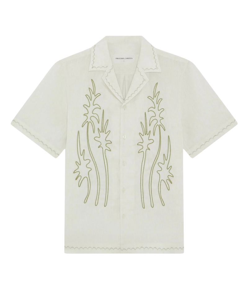 Frescobol Carioca Alves Palm Embroidered Linen Short Sleeve Shirt in Cream featuring seasonal palm embroidery, a camp collar and chest pocket, Flat Lay View