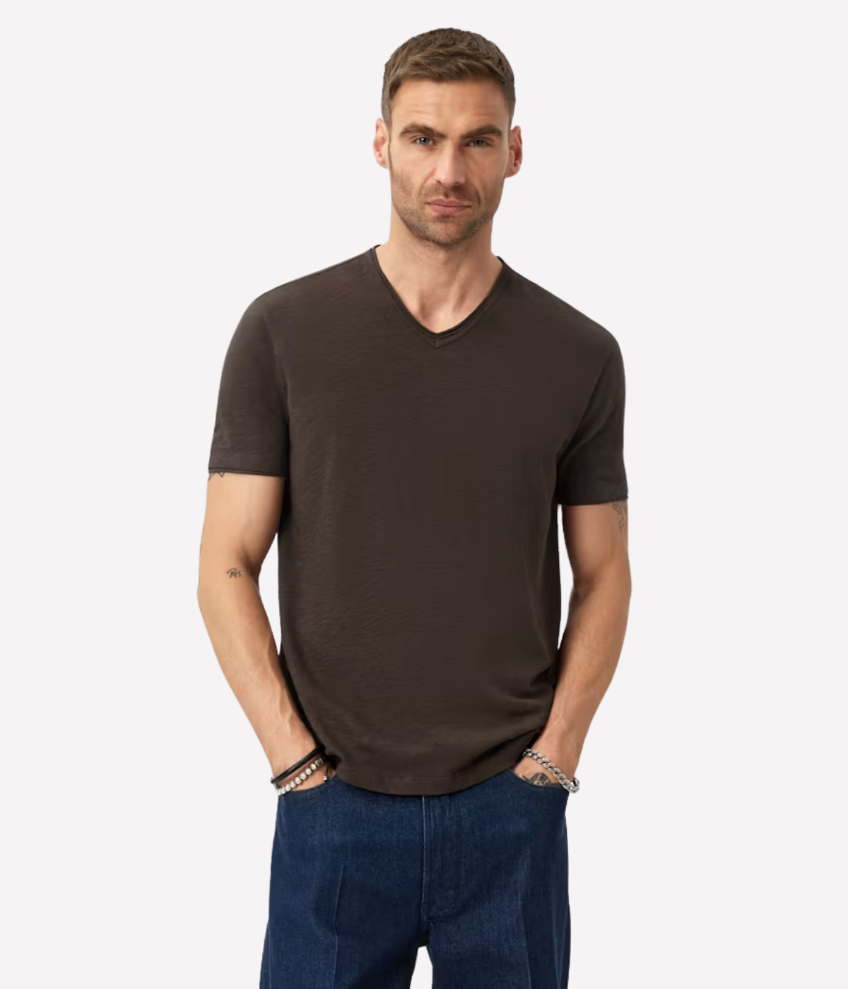 Miles Slub V Neck Tee in Dark Brown