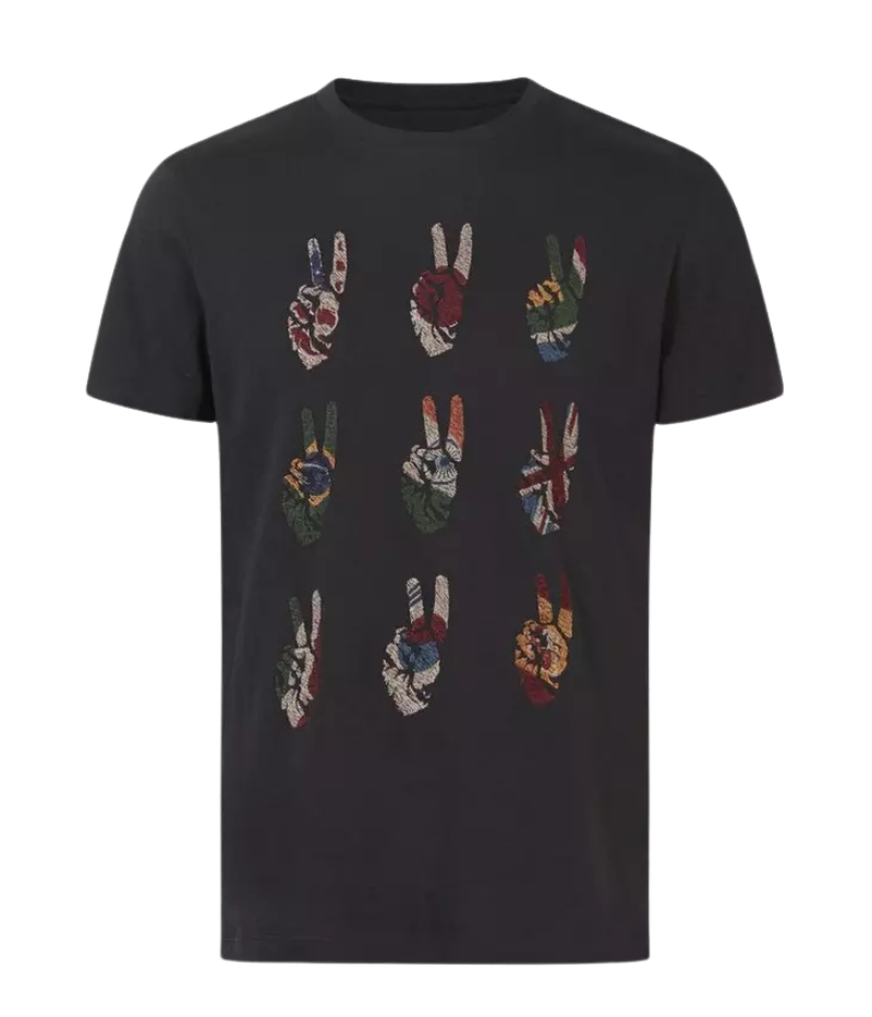 John Varvatos cotton T-shirt with a vintage wash, featuring an embroidered peace symbol graphic with international flag motifs on the front