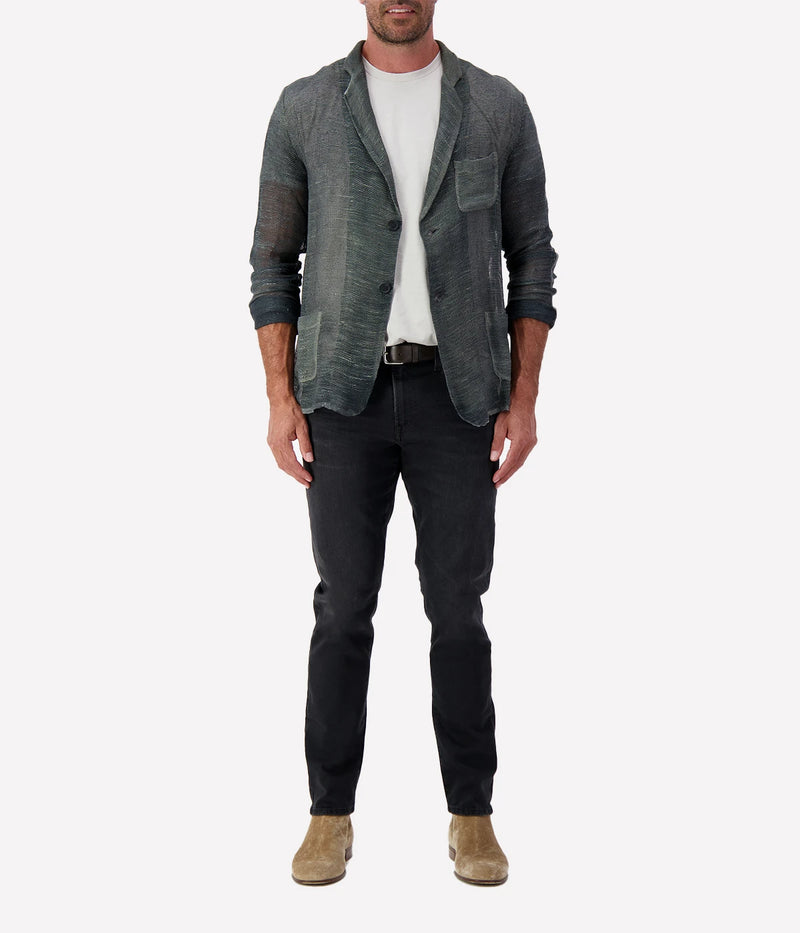Hand-painted Avant Toi linen jacket for men, featuring a unique artisanal finish, lightweight construction, and a relaxed yet refined fit. Made in Italy.