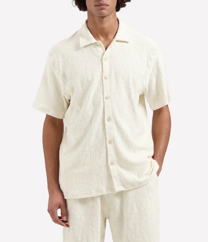 Men's short-sleeve jacquard towelling shirt with octagon logo pattern in cotton, ideal for summer and festival looks