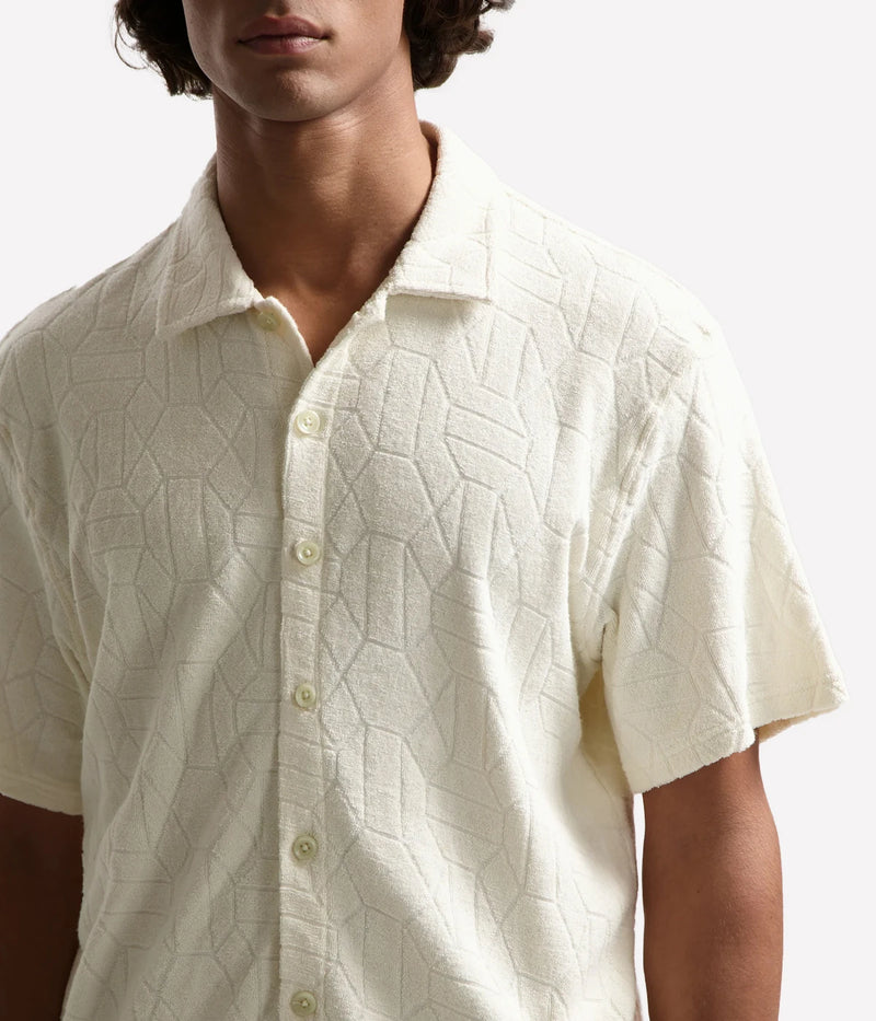 Men's short-sleeve jacquard towelling shirt with octagon logo pattern in cotton, ideal for summer and festival looks