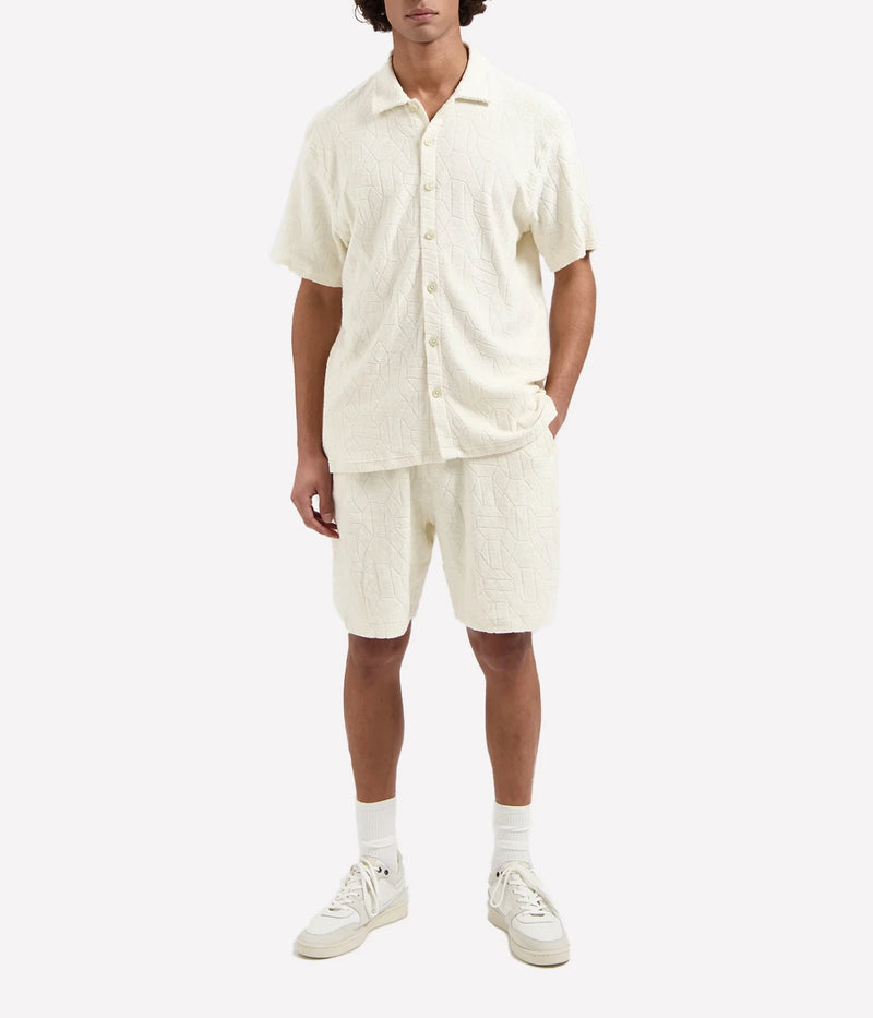 Men's short-sleeve jacquard towelling shirt with octagon logo pattern in cotton, ideal for summer and festival looks