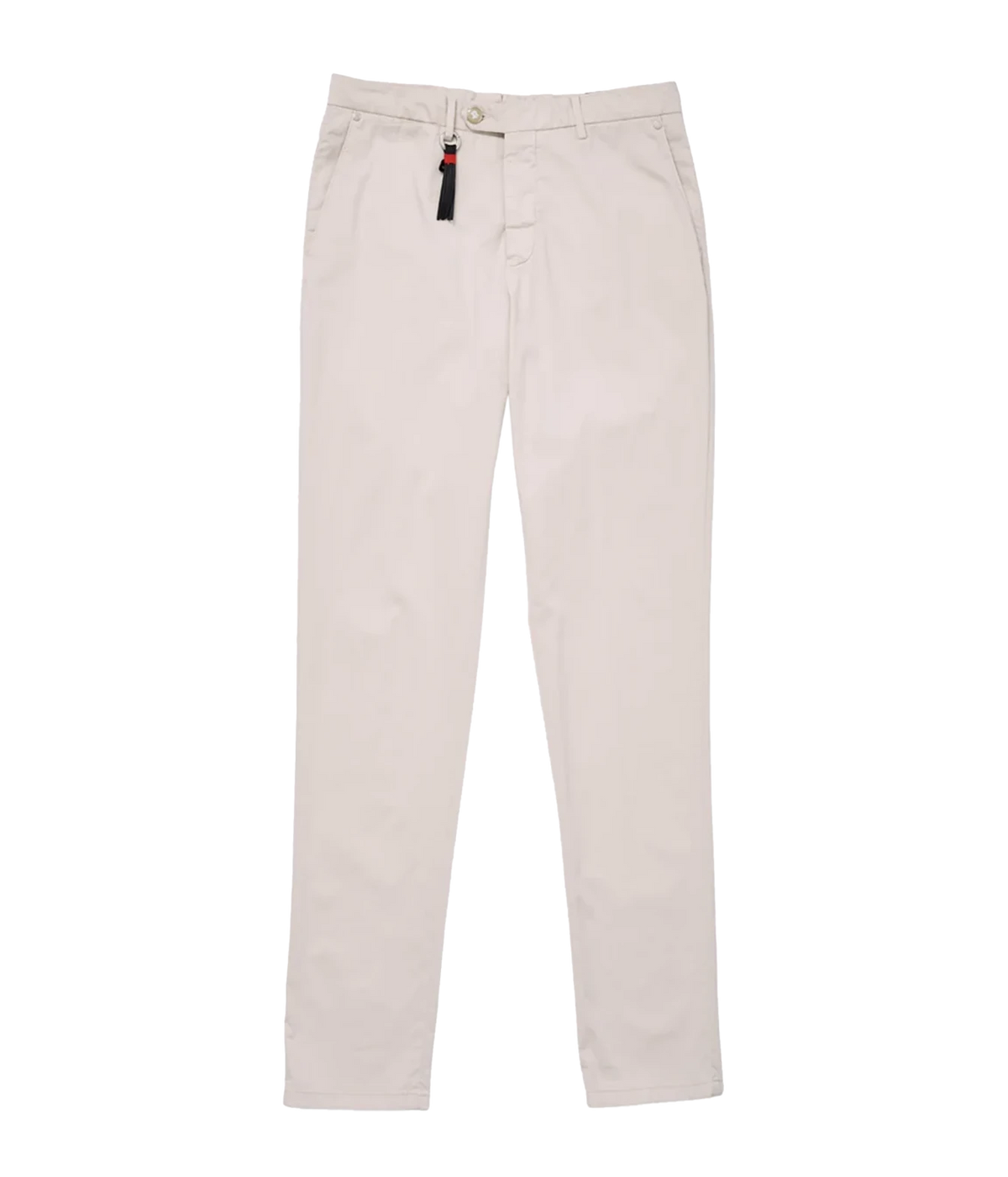 Front product view of Marco Pescarolo New York Cotton Silk Trouser in Beige showing the charm detail at the belt loop