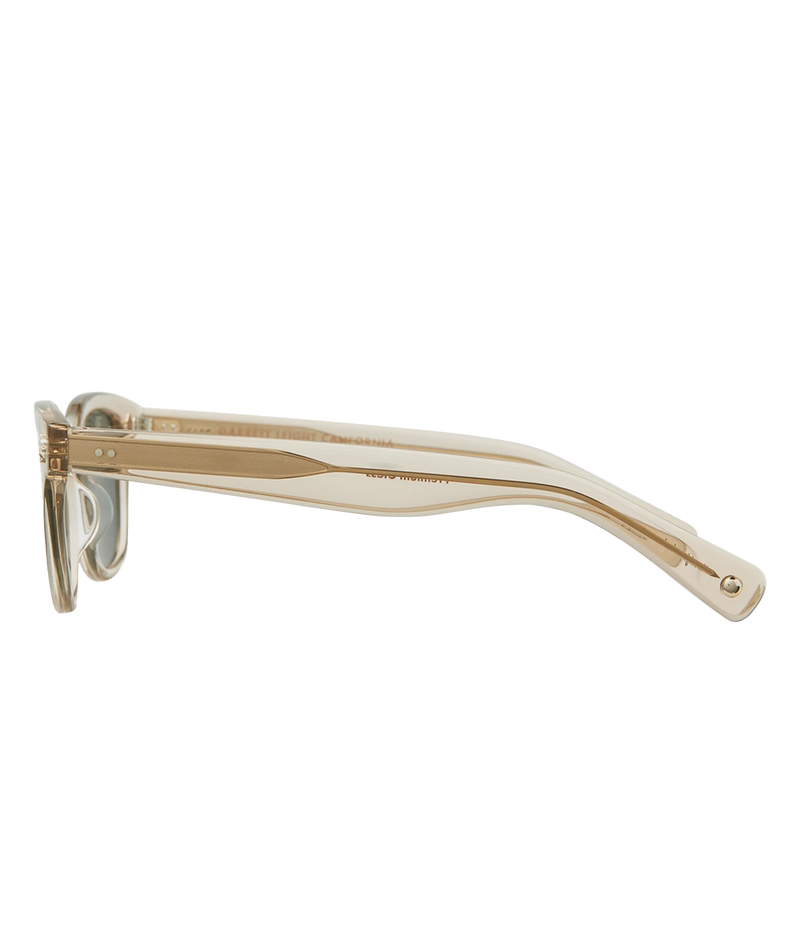 Cured cellulose acetate frame with stainless steel core wire and palm leaf plaques on exaggerated endpieces. Five barrel hinges with real rivets for a durable, stylish fit. Bold, vintage-inspired design.