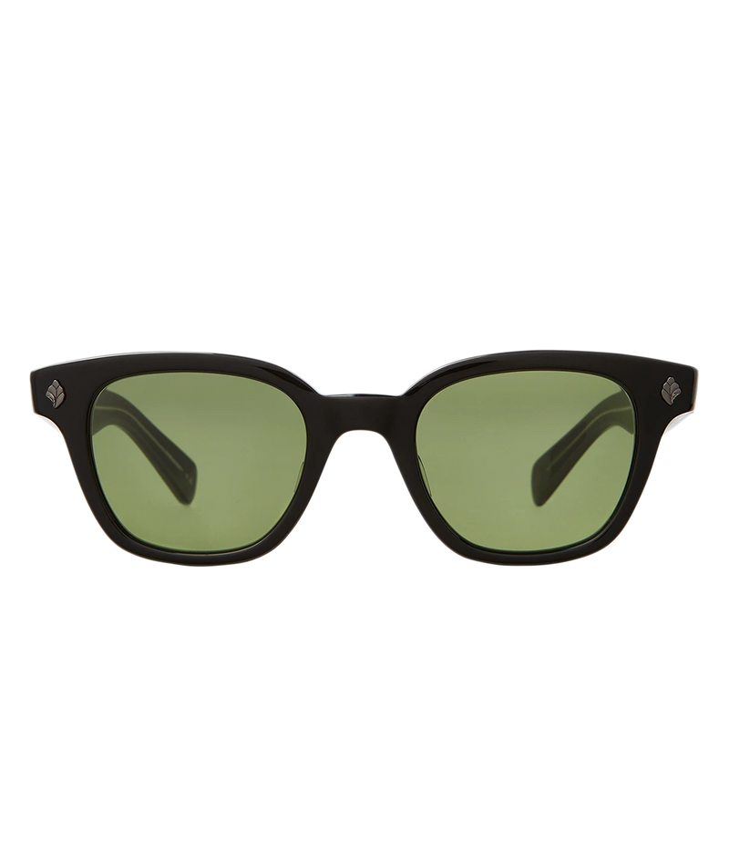 Cured cellulose acetate frame with stainless steel core wire and palm leaf plaques on exaggerated endpieces. Five barrel hinges with real rivets for a durable, stylish fit. Bold, vintage-inspired design.