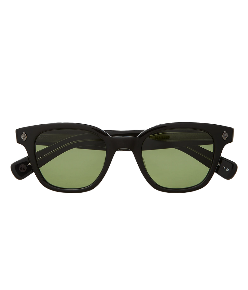 Cured cellulose acetate frame with stainless steel core wire and palm leaf plaques on exaggerated endpieces. Five barrel hinges with real rivets for a durable, stylish fit. Bold, vintage-inspired design.