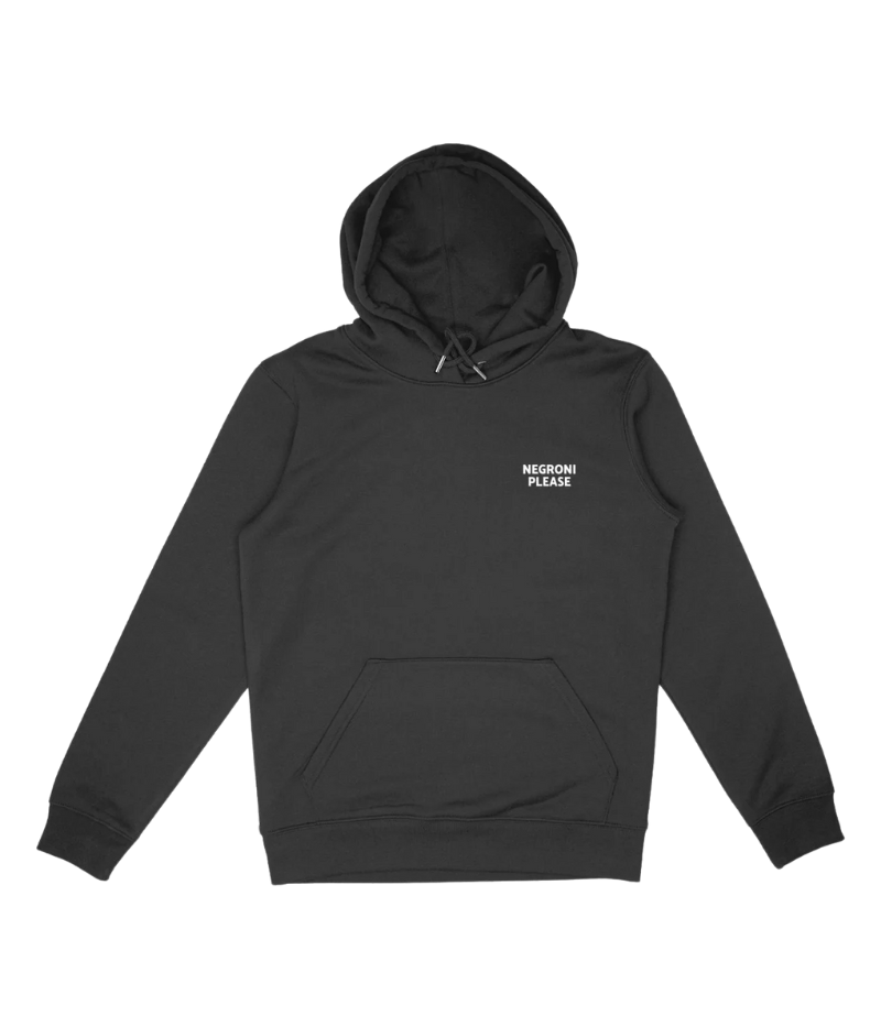 Black hoodie with “Negroni Please” in white on the chest