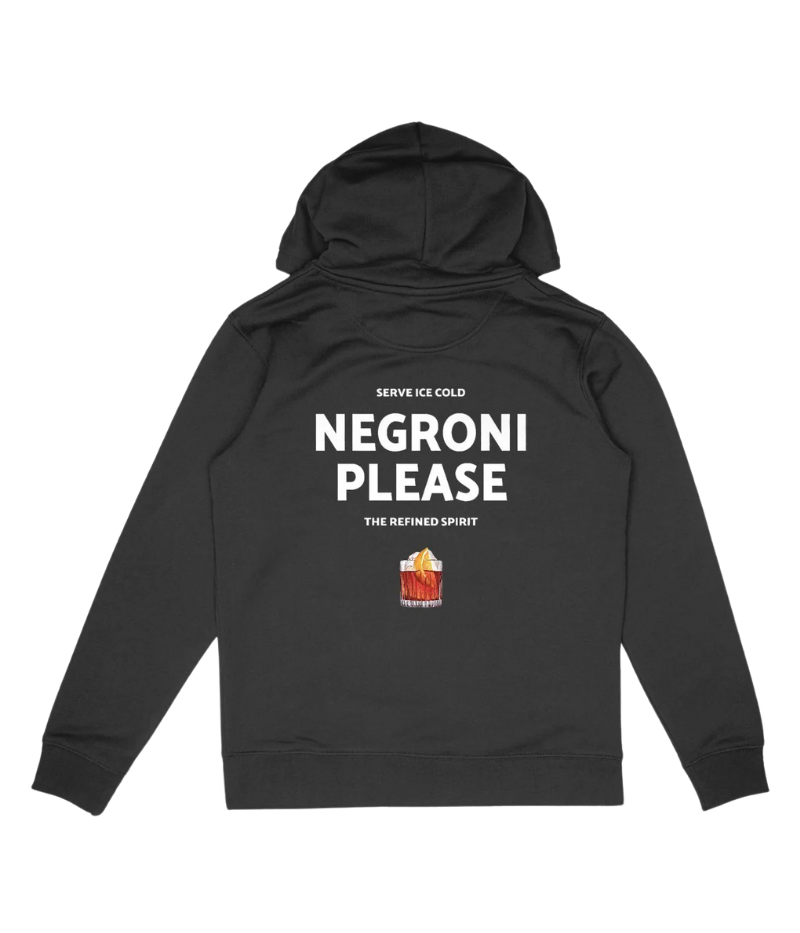 Black hoodie with “Negroni Please” in white on the chest