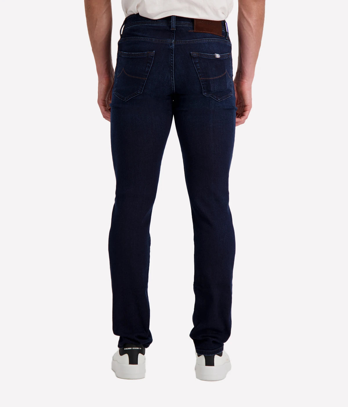 Back view of Jacob Cohen Nick 5-Pocket Jeans with a mid-rise waist, signature suede logo patch, and premium denim craftsmanship.