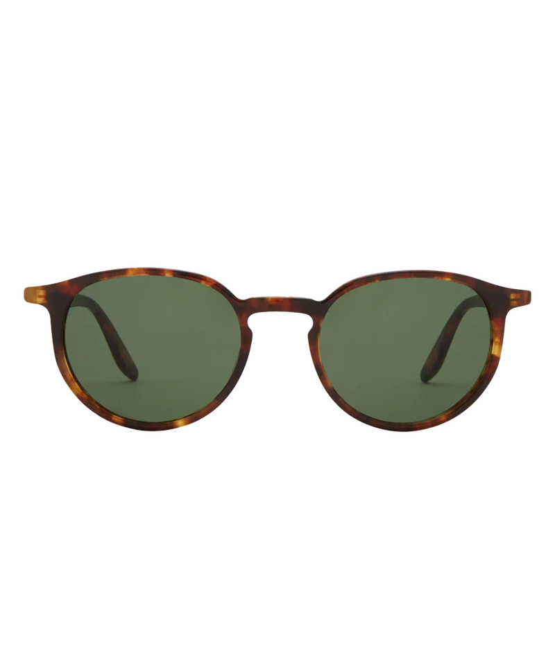 An elevated trendy round sunglass, with brown tortoise acetate and green lenses. Summer staple, luxury eyewear, made in Italy.