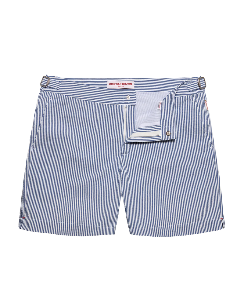 Orlebar Brown Bulldog Seersucker Stripe Shorts in Nova Blue & White Stripe with a tailored mid-length fit and lightweight seersucker fabric - Product Shot