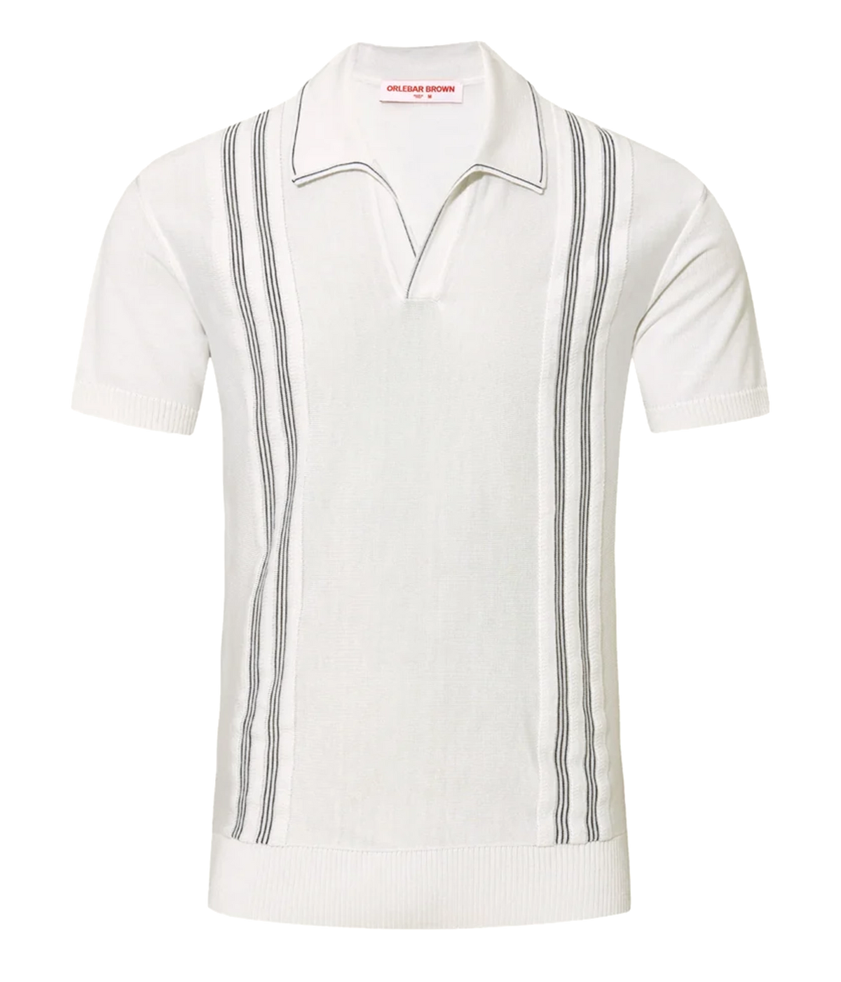 Front product view of Orlebar Brown Horton Chevron Stripe Polo in White Sand & Night Iris