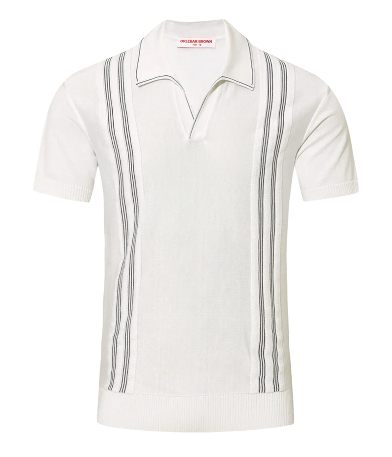 Front product view of Orlebar Brown Horton Chevron Stripe Polo in White Sand & Night Iris