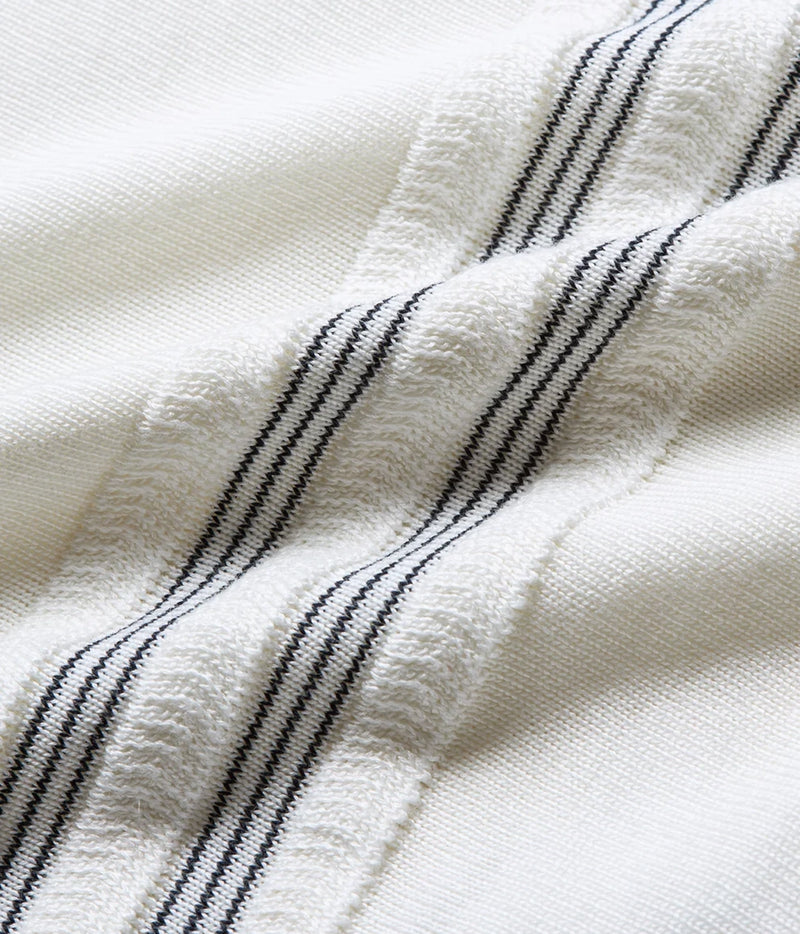 Close-up of Orlebar Brown Horton Chevron Stripe Polo in White Sand & Night Iris showing the knit and stripe detail