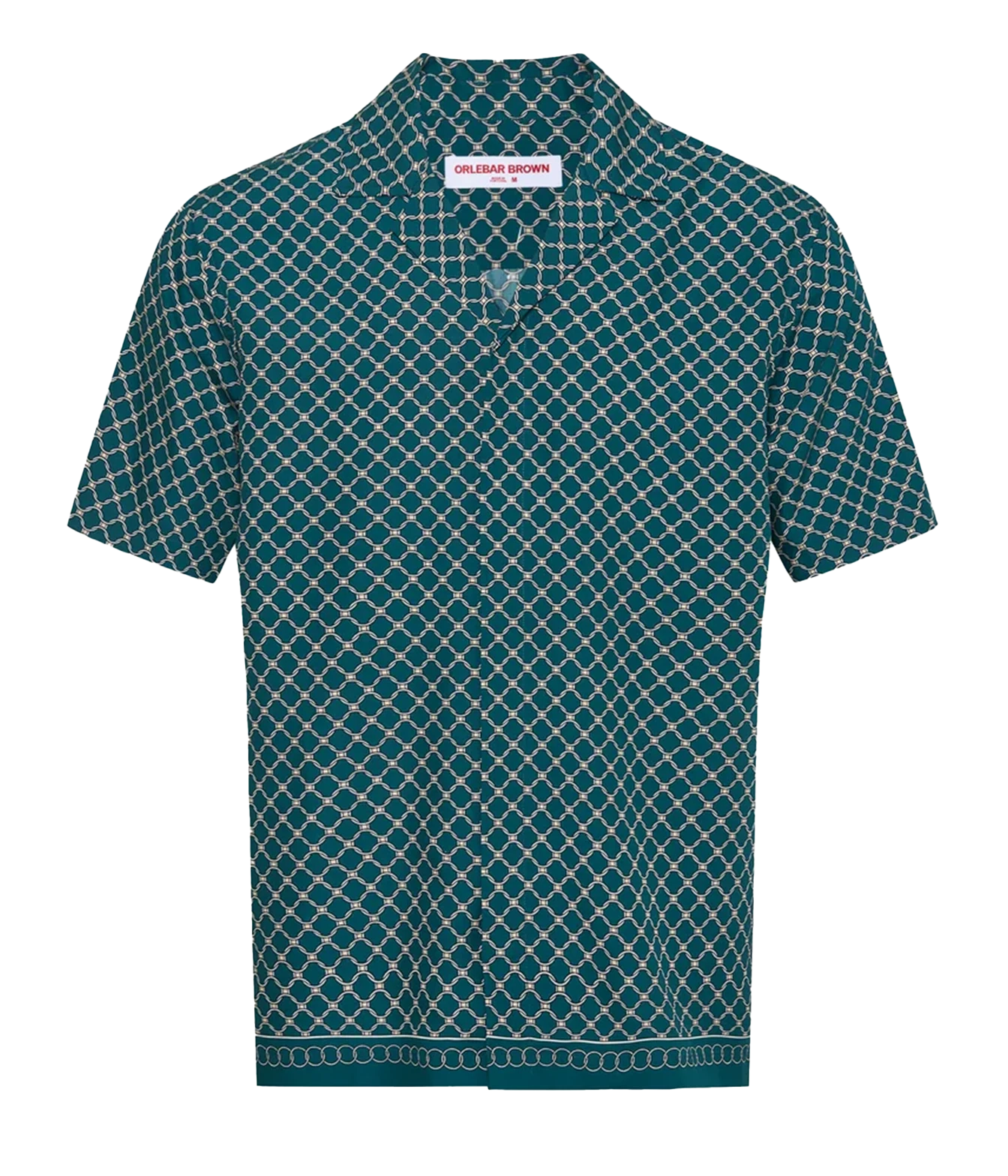 A short-sleeve button-up shirt by Balenciaga, featuring a dark teal green and white geometric lattice pattern.