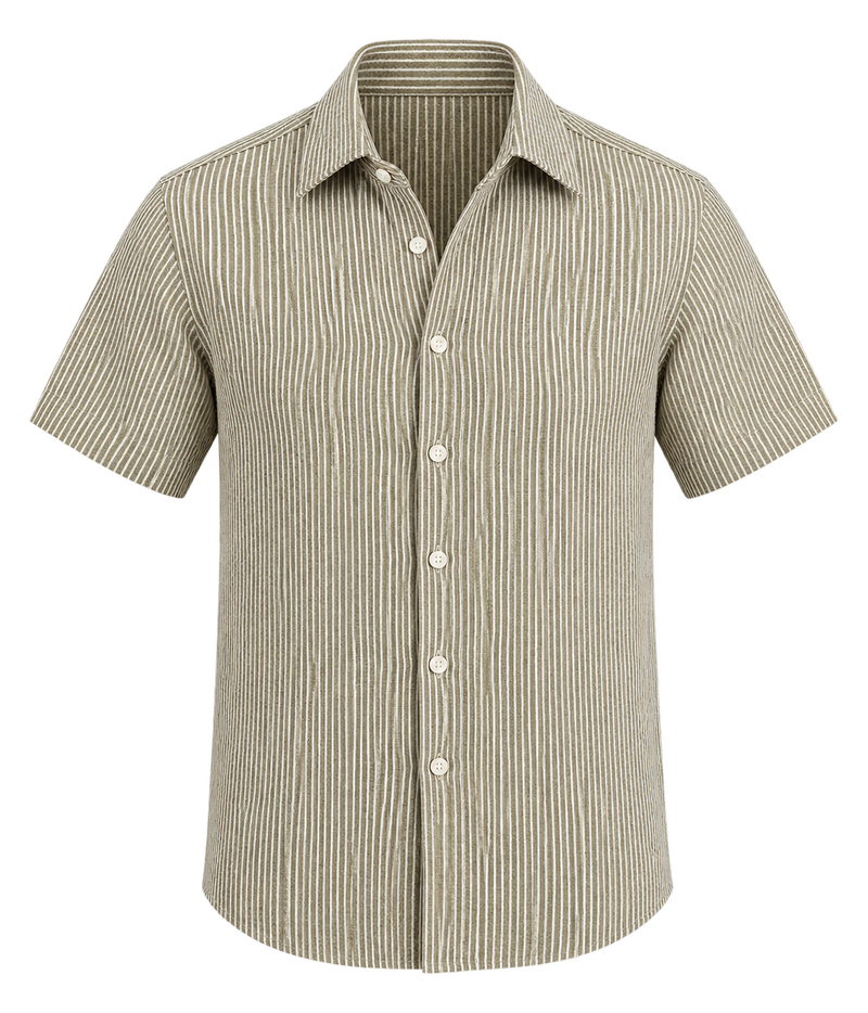 Front product view of Linen Short Sleeve Shirt in Olive and White Stripe