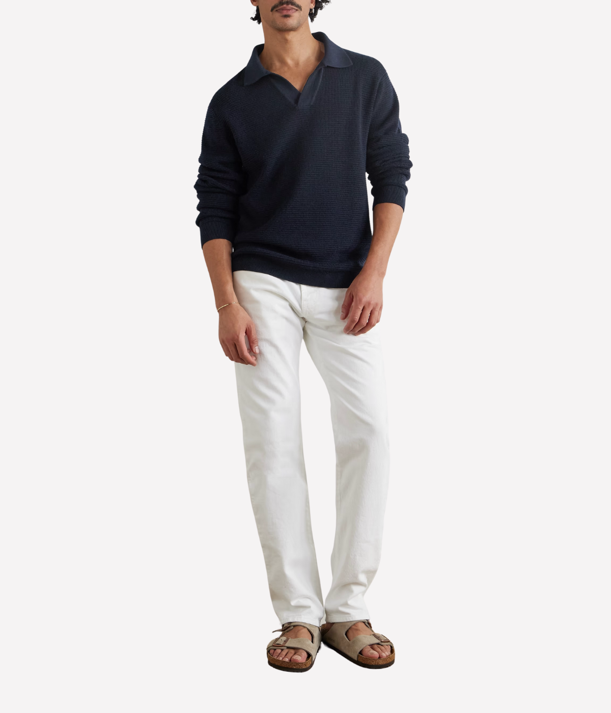 Frescobol Carioca Orlando navy merino wool polo sweater with open stitch knit and open placket, lightweight and breathable for warmer days