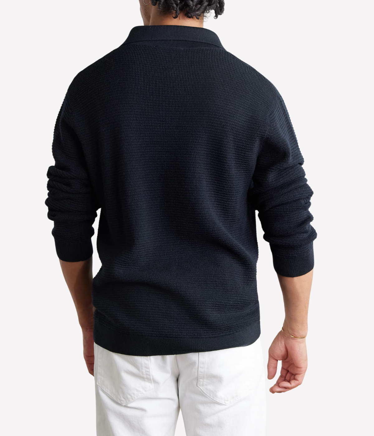 Frescobol Carioca Orlando navy merino wool polo sweater with open stitch knit and open placket, lightweight and breathable for warmer days