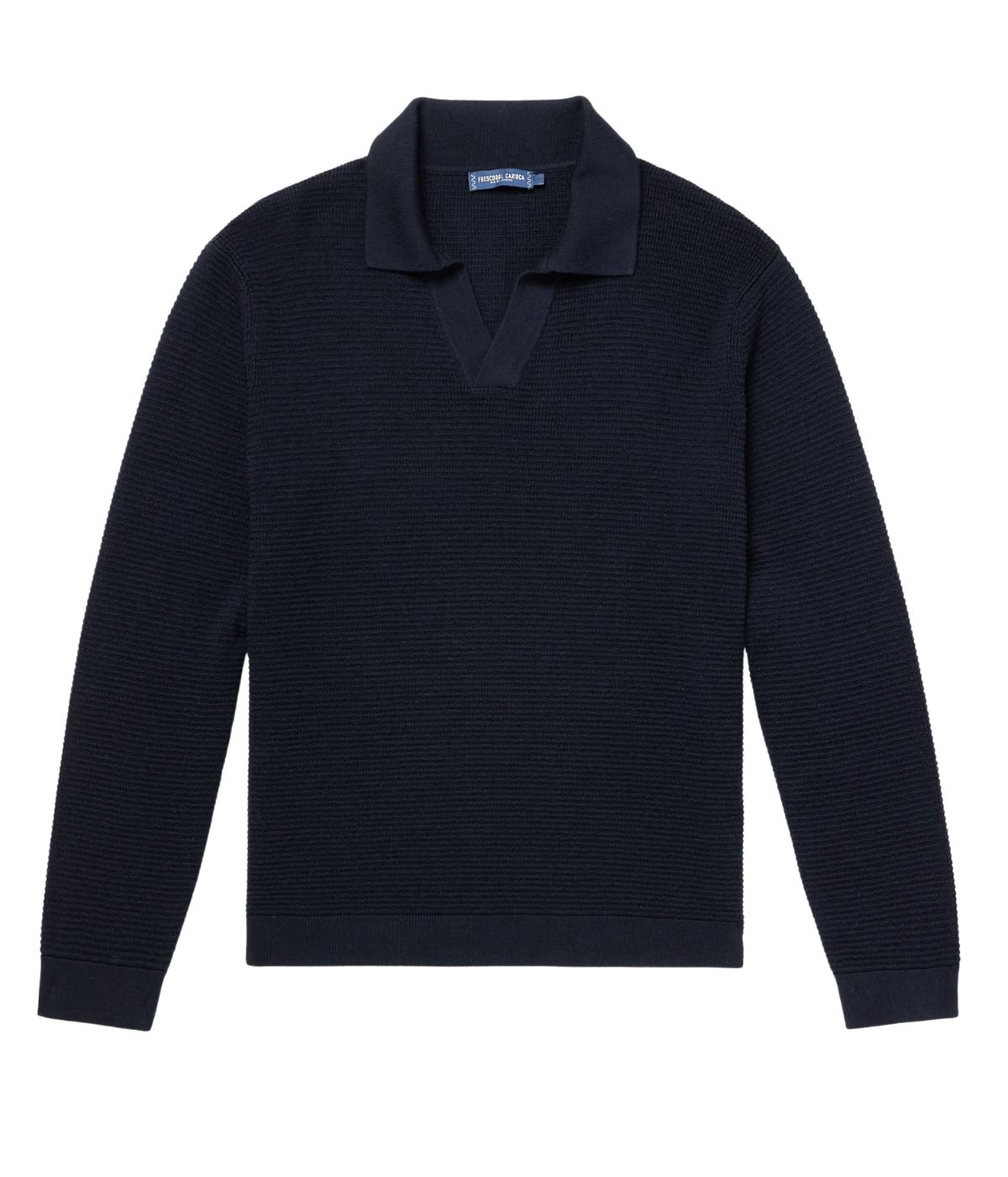 Frescobol Carioca Orlando navy merino wool polo sweater with open stitch knit and open placket, lightweight and breathable for warmer days