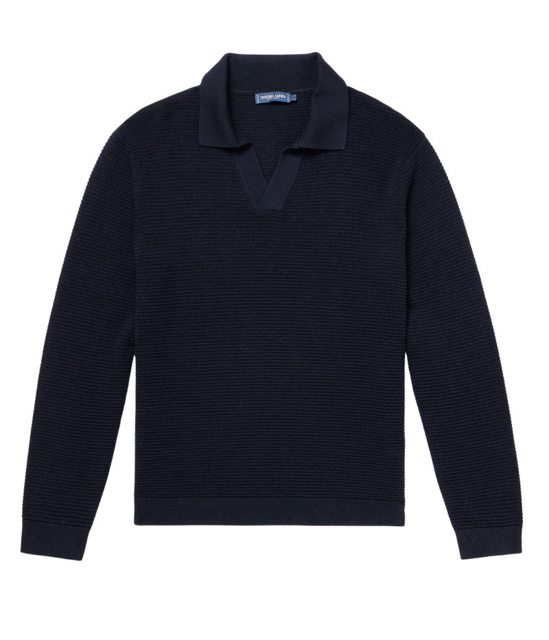 Frescobol Carioca Orlando navy merino wool polo sweater with open stitch knit and open placket, lightweight and breathable for warmer days