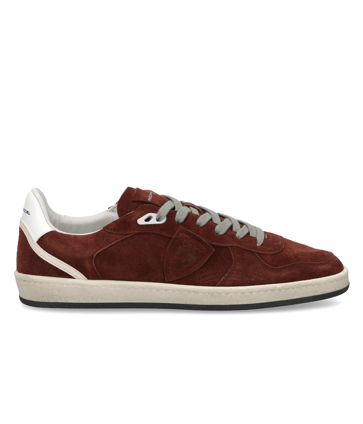 Side profile of the Philippe Model Pgal Low Man in Daim Bordeaux, showing the burgundy suede upper, grey laces, white heel tab and off-white rubber sole