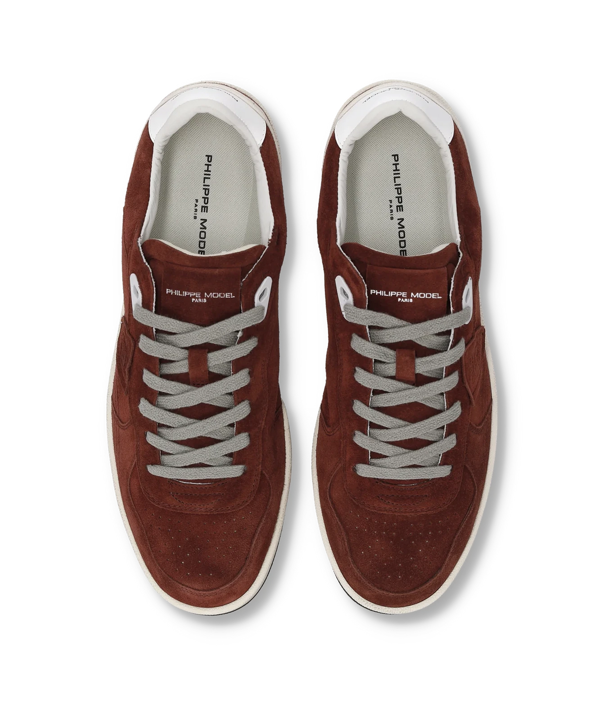Top-down view of the Philippe Model Pgal Low Man in Daim Bordeaux pair, showing the grey laces and rounded toe