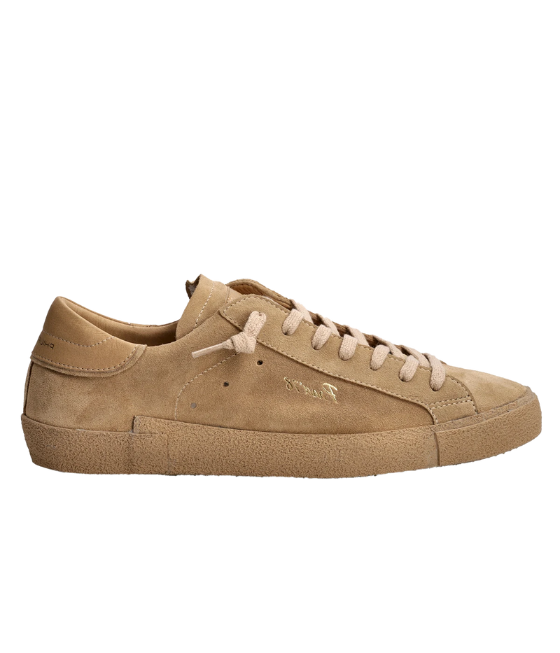 The Philippe Model PRSX Low Daim 70 sneaker combines premium leather and suede in tonal beige for a refined, casual look. Features laminated accents, a subtle "Prsx'78" print, cotton laces, and a comfortable rubber sole.