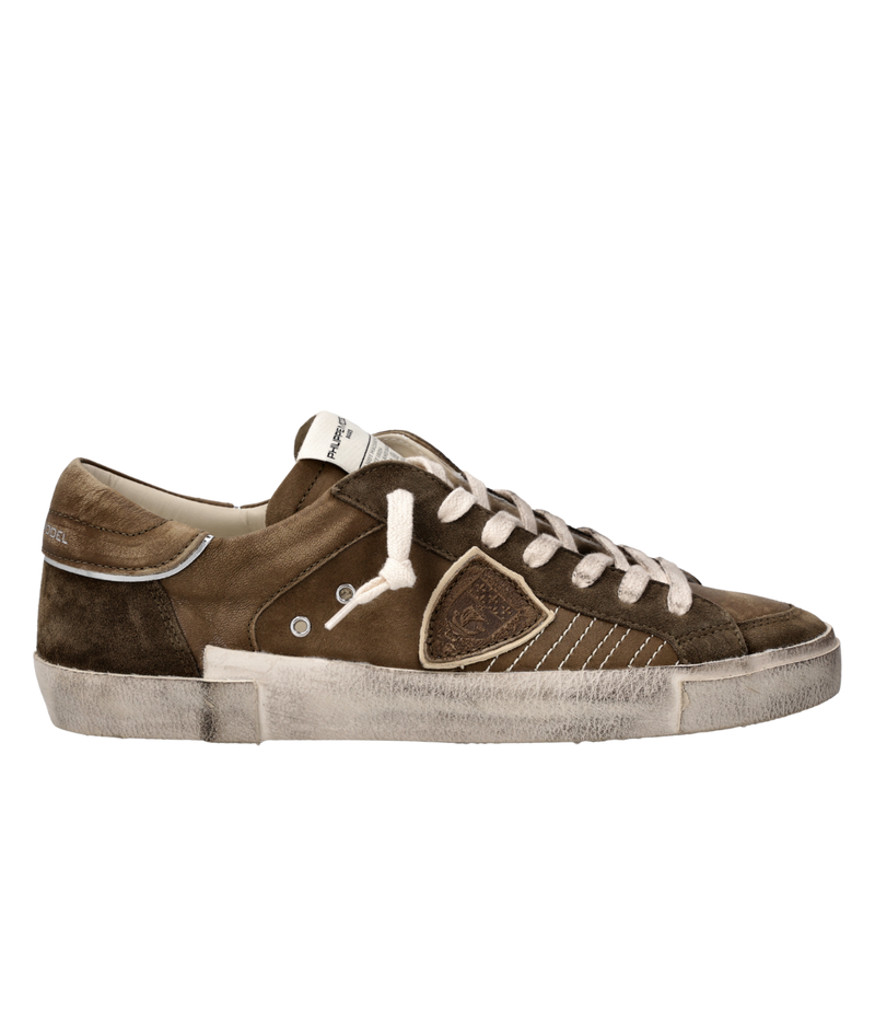 Philippe Model PRSX men’s sneakers in distressed suede and leather with contrasting panels, vintage-inspired Italian designer sneakers featuring signature hand-weathered finish, removable memory foam insole, and lightweight rubber sole.