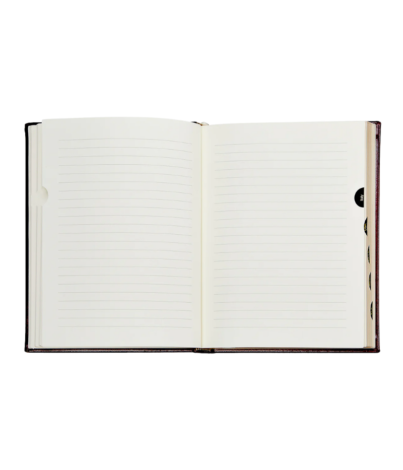 Luxury leather-bound wine journal with 224 pages, tabs for global wine selections, and gilt-edged, acid-free paper.
