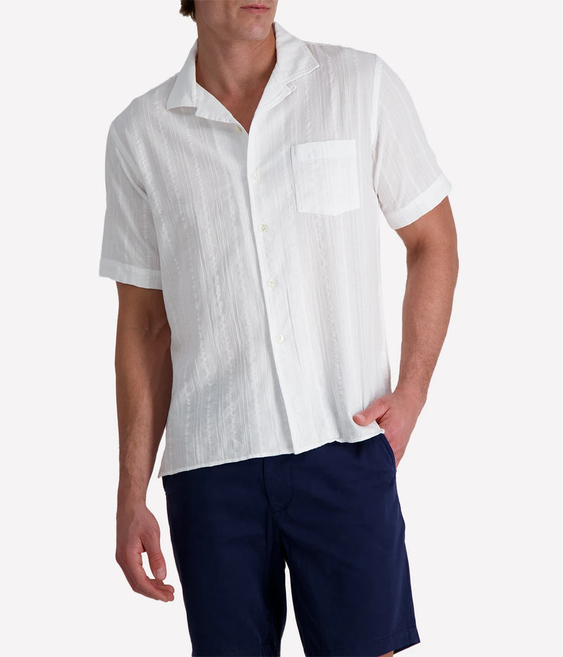Men’s short-sleeve textured white cotton shirt with camp collar and chest pocket, designed in a regular fit for breathable, casual summer style.