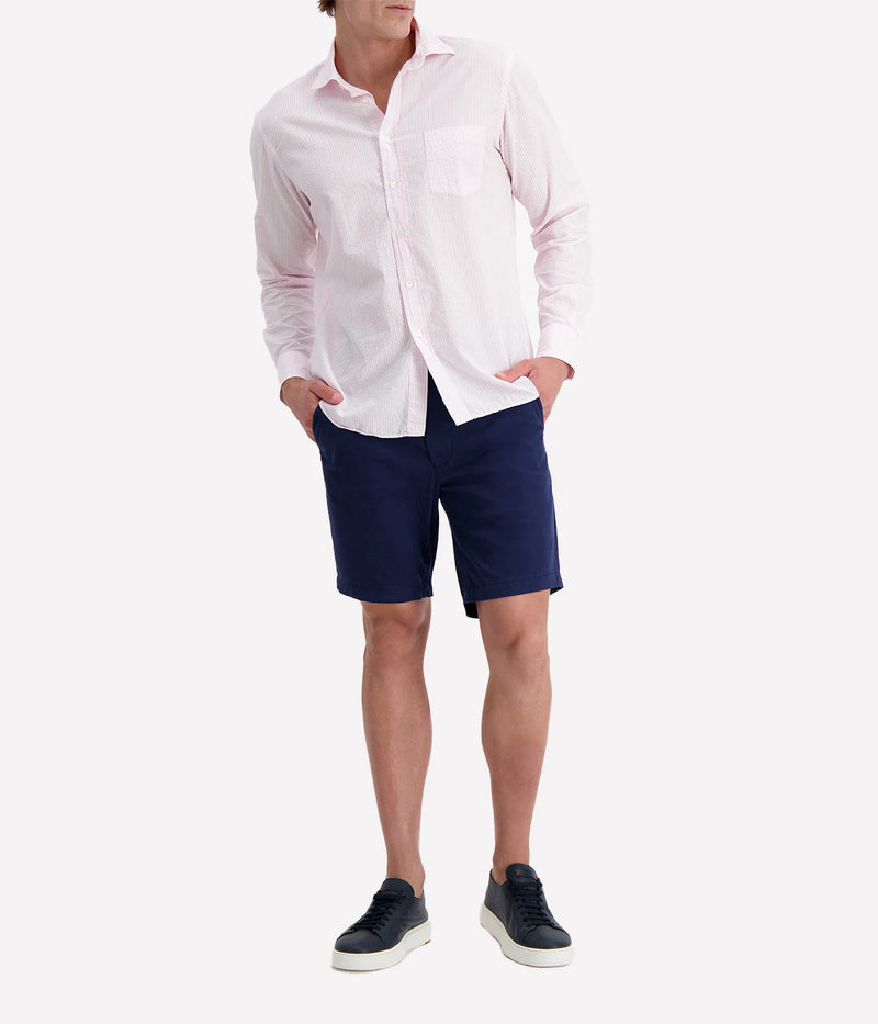 Men’s pink and white striped seersucker shirt with a regular fit, chest pocket, and slightly open collar for a breezy, polished look.