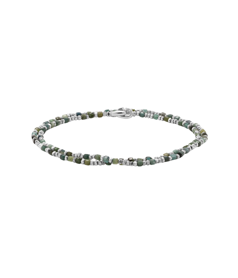 Men's double-wrap bracelet in sterling silver with natural green emerald and secure kissing clasp closure.