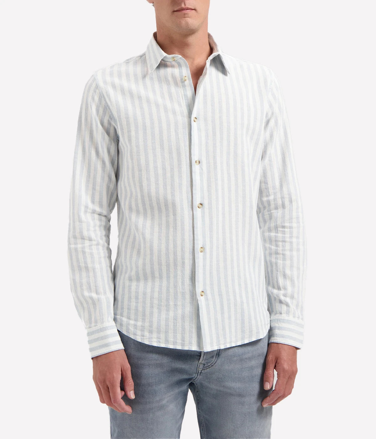 Men's linen-cotton striped summer shirt in neutral tones with button front and regular fit