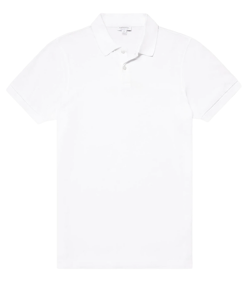 White piqué polo shirt for men made from premium Supima cotton. Ribbed collar, side vents, and branded shell buttons for a clean, stylish look.