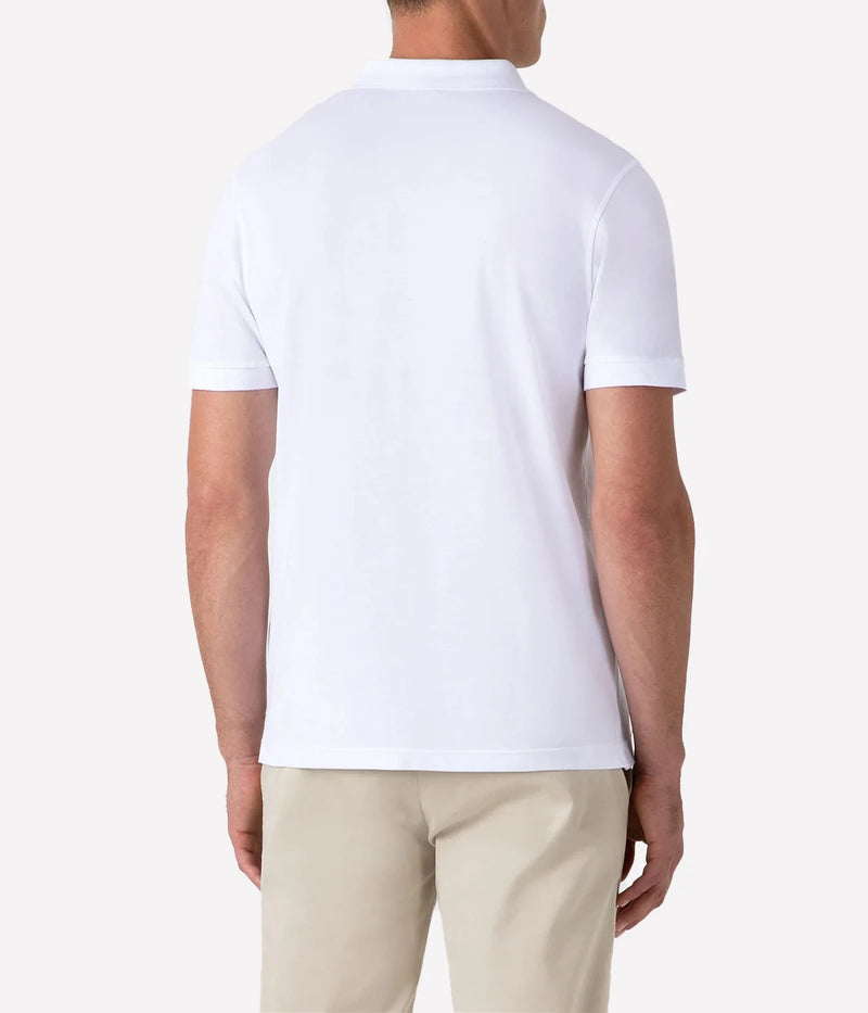 White piqué polo shirt for men made from premium Supima cotton. Ribbed collar, side vents, and branded shell buttons for a clean, stylish look.