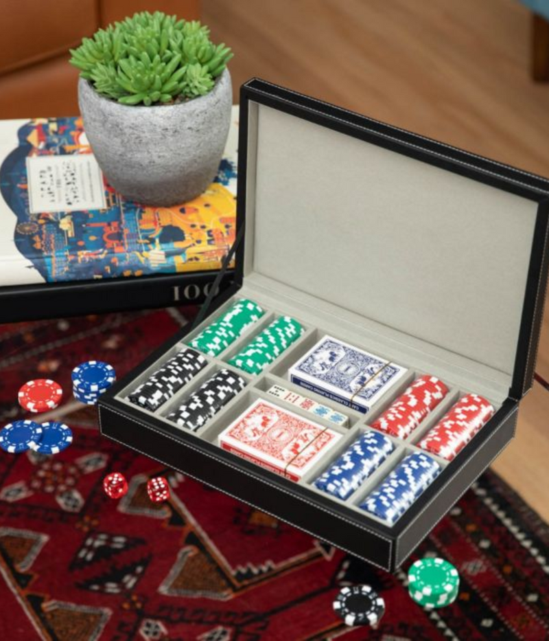 Complete poker set with 200 clay composite chips, two decks of cards, five poker dice in black leather case, perfect gift for men’s game rooms or offices.