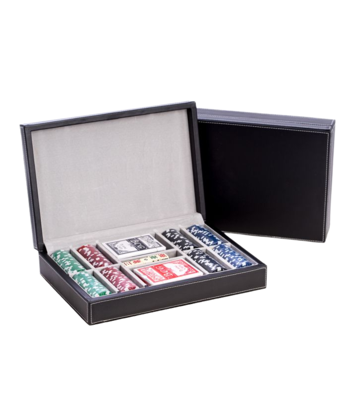 Complete poker set with 200 clay composite chips, two decks of cards, five poker dice in black leather case, perfect gift for men’s game rooms or offices.