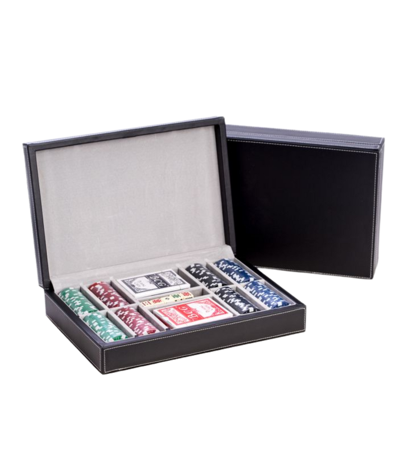 Complete poker set with 200 clay composite chips, two decks of cards, five poker dice in black leather case, perfect gift for men’s game rooms or offices.