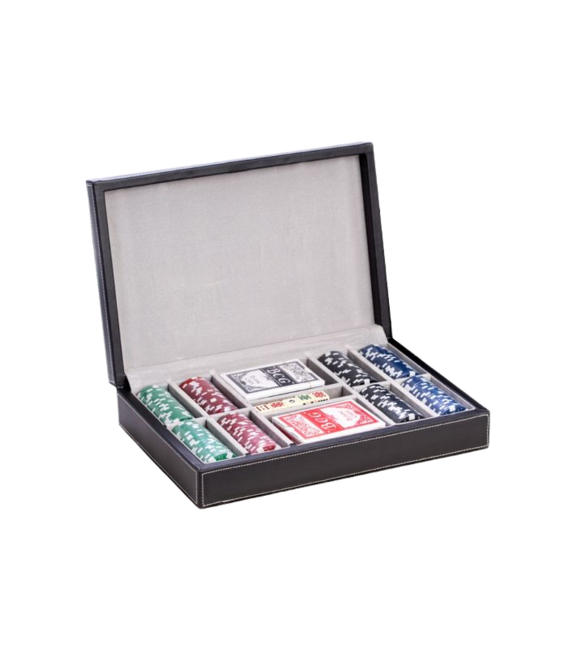 Complete poker set with 200 clay composite chips, two decks of cards, five poker dice in black leather case, perfect gift for men’s game rooms or offices.