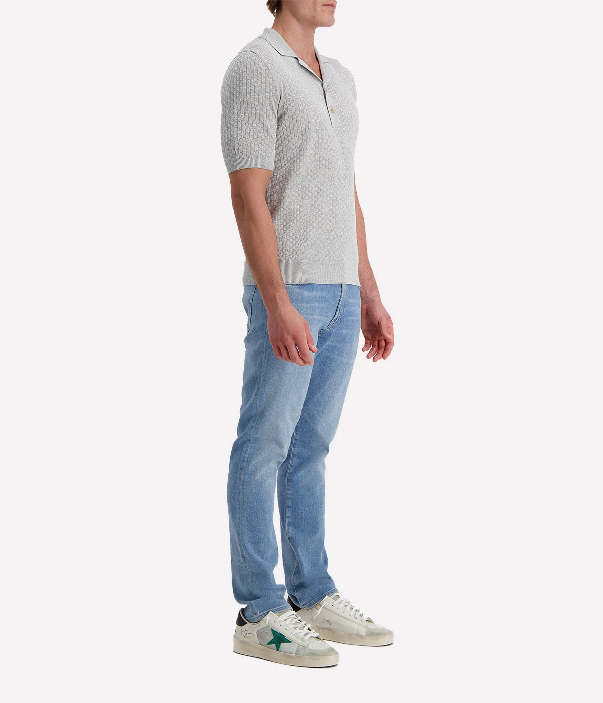 Eleventy light grey textured knit polo shirt with open collar and short sleeves, made in Italy from 100% cotton.