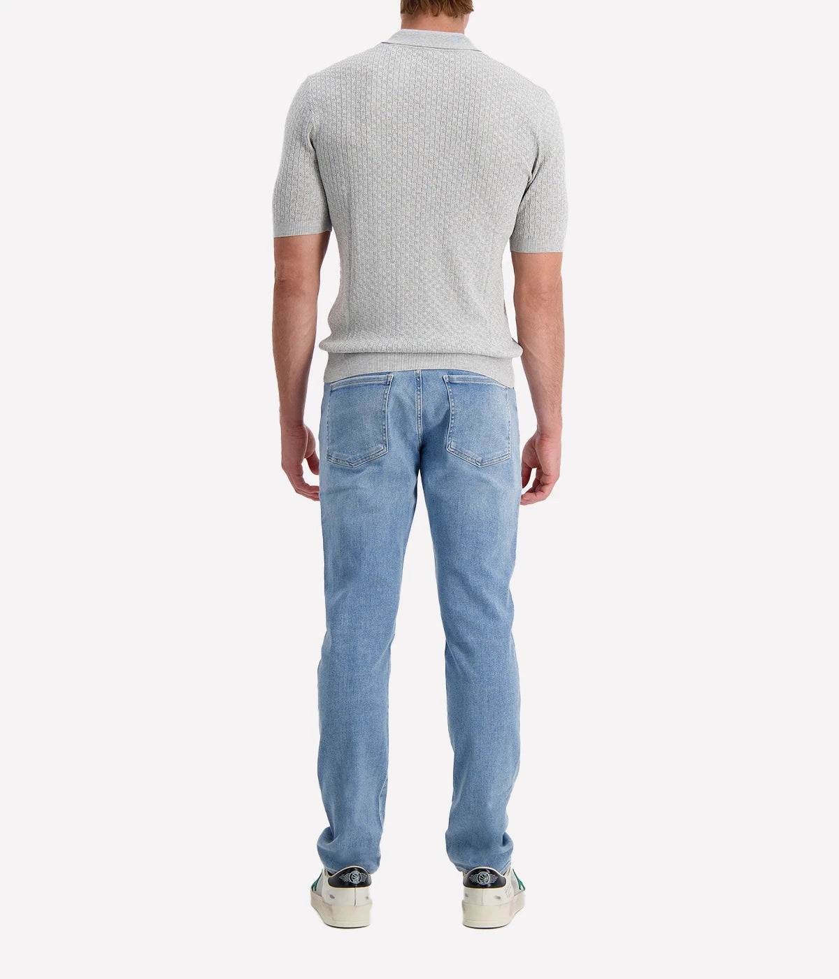 Eleventy light grey textured knit polo shirt with open collar and short sleeves, made in Italy from 100% cotton.