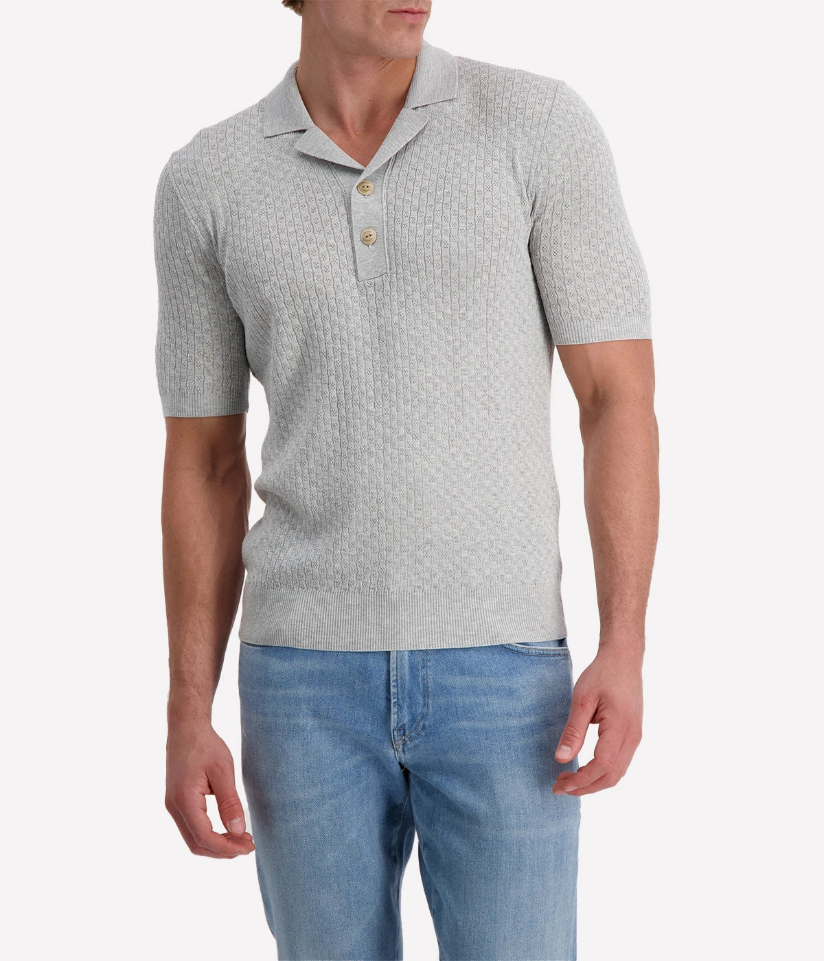 Eleventy light grey textured knit polo shirt with open collar and short sleeves, made in Italy from 100% cotton.