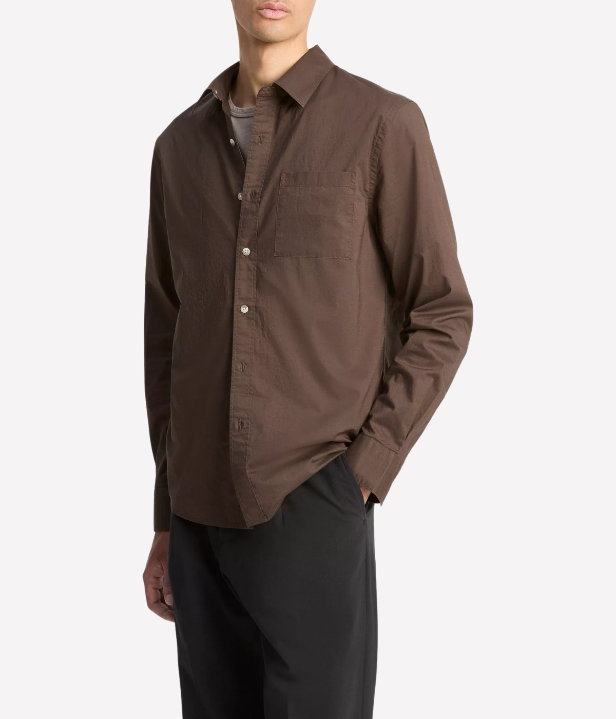 Poplin Long Sleeve Placket Shirt in Dark Brown
