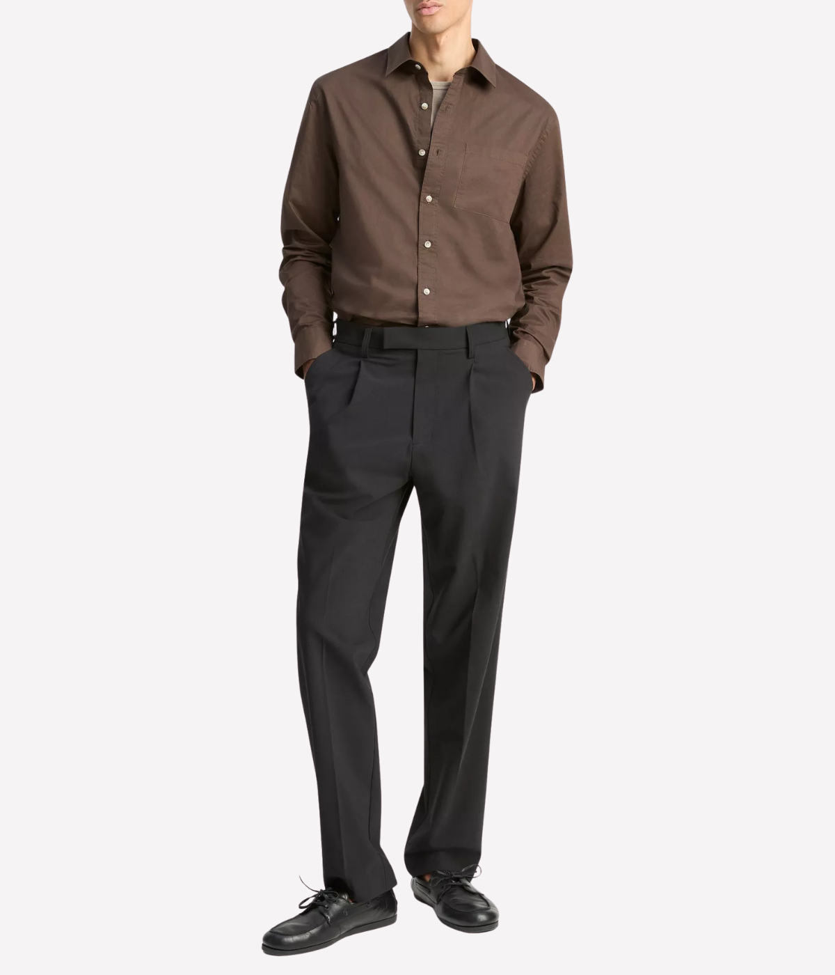 Poplin Long Sleeve Placket Shirt in Dark Brown